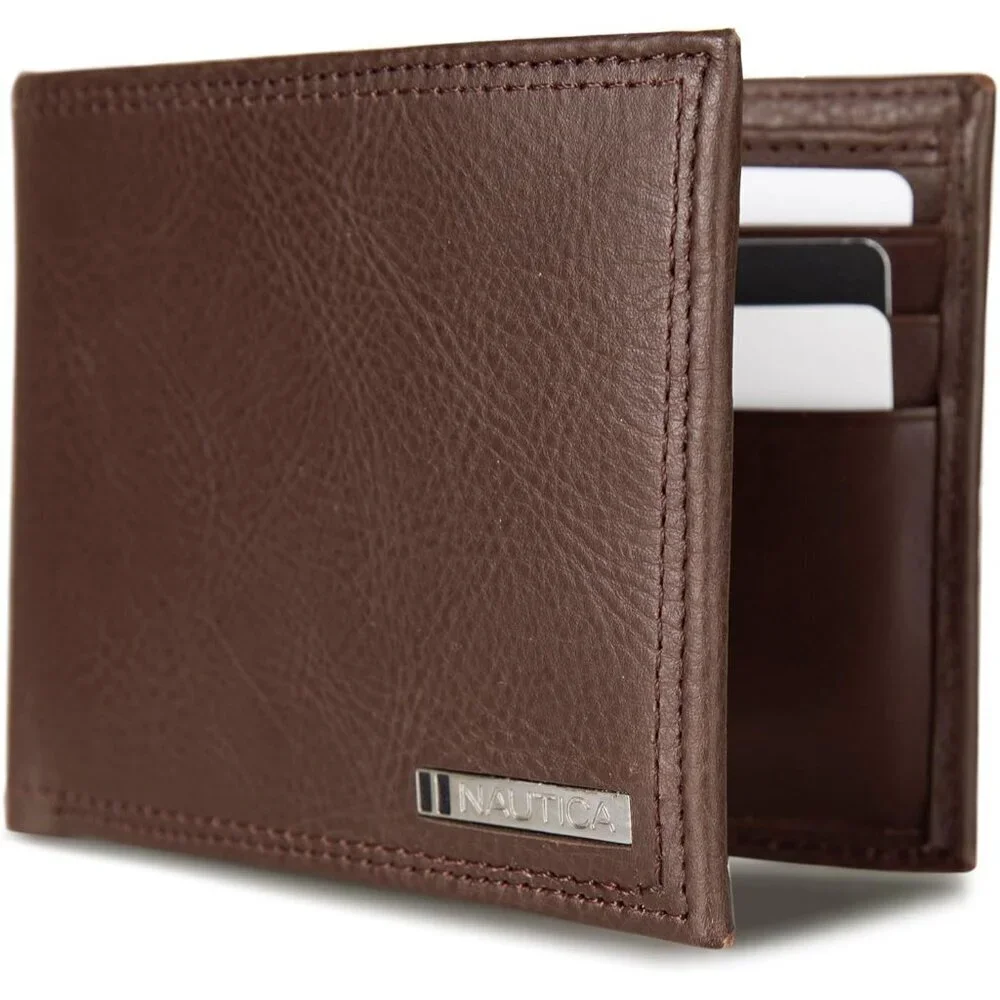 Men's Logo - Brown Bifold Leather Wallet RFID Blocking ID Window Card Slots